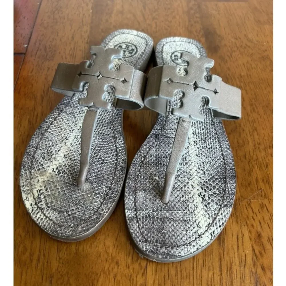 Tory Burch Miller Embossed Leather Snake Print Thong Sandal Logo Size 6 Designer